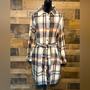 Plaid Women's Ivory Brown Red Belted Jacket Blazer Pea Coat Large L CT